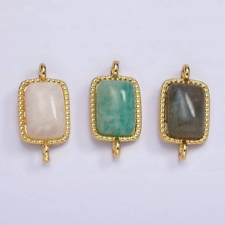 Connecteur rectangulaire à bordure pointillée en Amazonite, Pierre de Lune, Labradorite rempli d'or 14K | G-219 - G-221 pour la vente par Aim Eternal