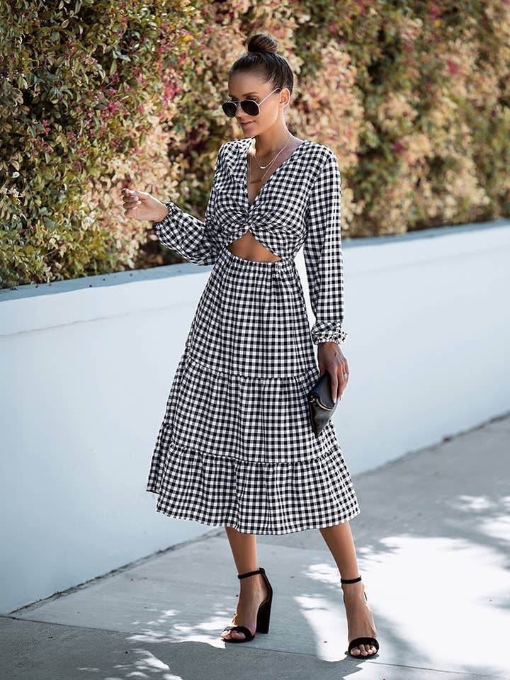 ePretty - Wholesale Dress - Women's - G11-DR43040C Gingham Print Twist Cut Out Tiered Midi Dress4