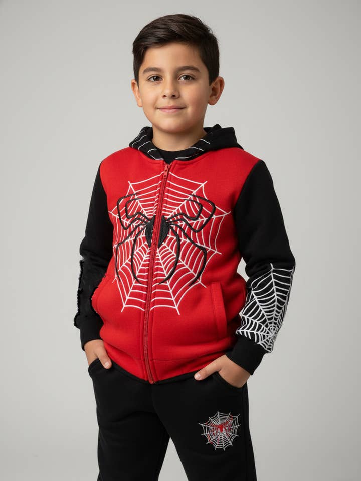 Spider Hero 3-teiliges Fleece-Set mit Kapuzenmaske fĂĽr Kinder fĂĽr den GroĂźhandel von Lime Tree Clothing Inc.