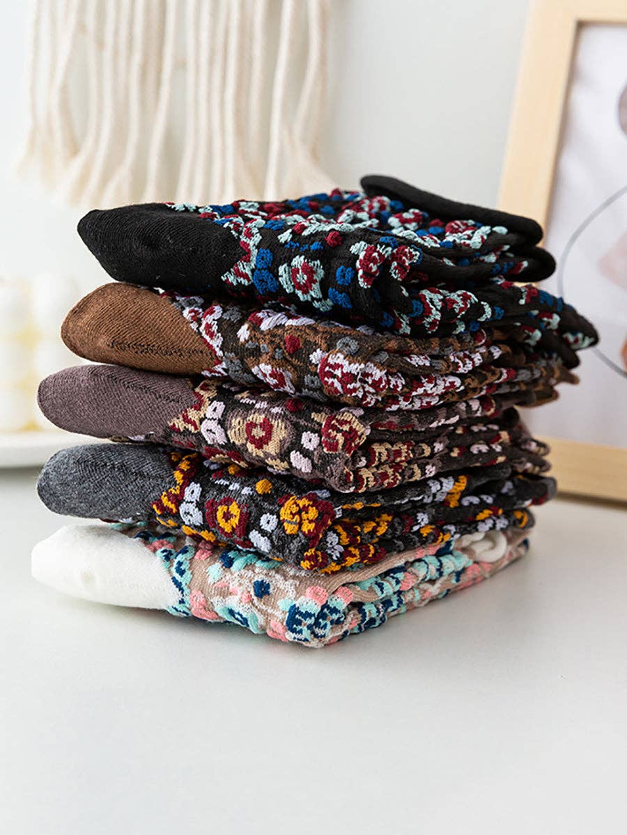 5 Pairs Winter Women Floral Jacquard Hemming Socks for wholesale on Faire2
