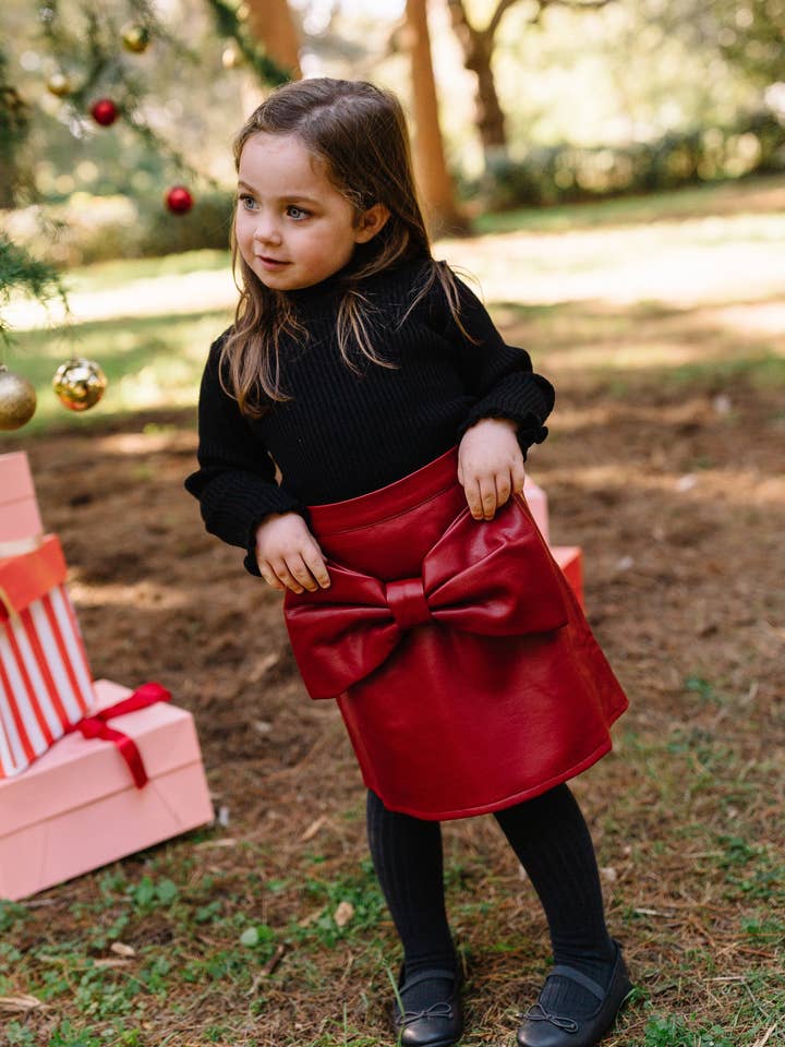 Leather Bow Skirt in Dark Red for wholesale by IMOIMO KIDS