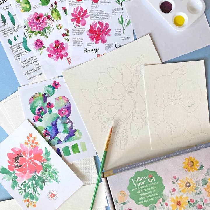 Pink Puddle Studio - Wholesale DIY Craft Kit - Prickly Pear Cactus & Peony Flowers Watercolor DIY Paint Kit2