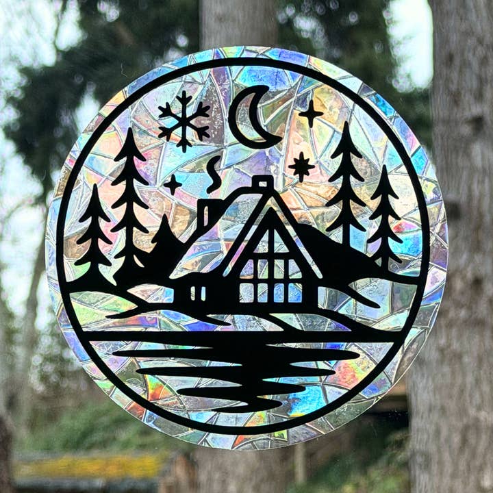 Cozy Winter Cabin Suncatcher | Rainbow Window Cling for wholesale by Mindful over Mind Full