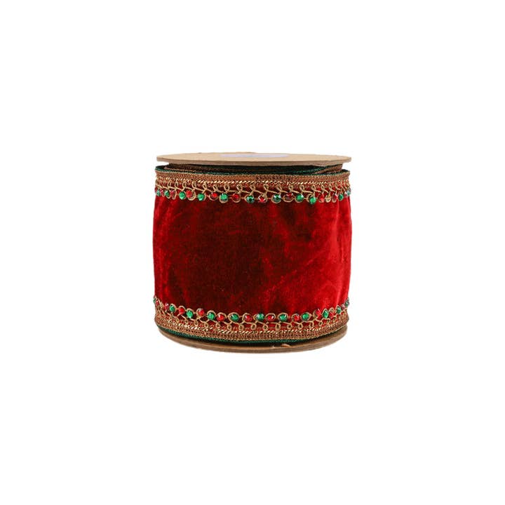 LA Ribbons Wholesale - Wholesale Ribbon - Gift Wrapping - 4" Wired Premium Velvet Ribbon | Jeweled Trim Red | 5 Yard Roll
4