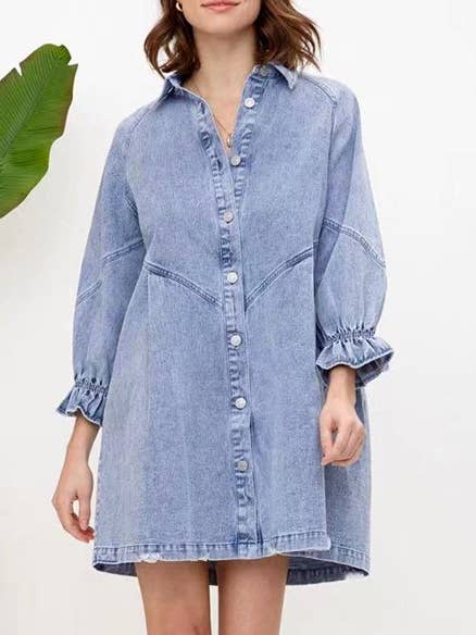 HIDDENBRAND - Wholesale Dress - Women's - Balloon sleeve denim shirt mini dress11