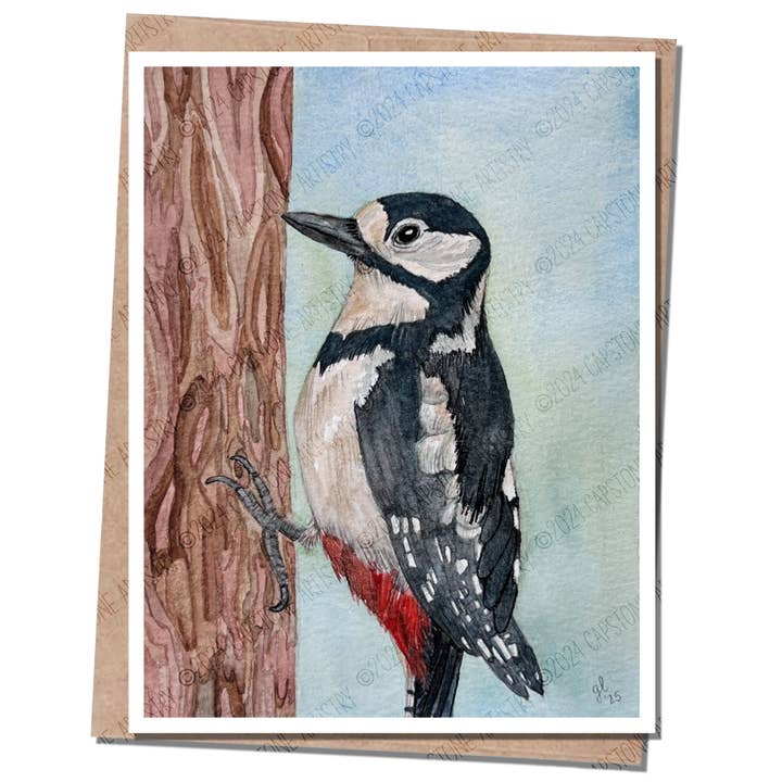 Great Spotted Woodpecker Greeting Card for wholesale by Capstone Artistry