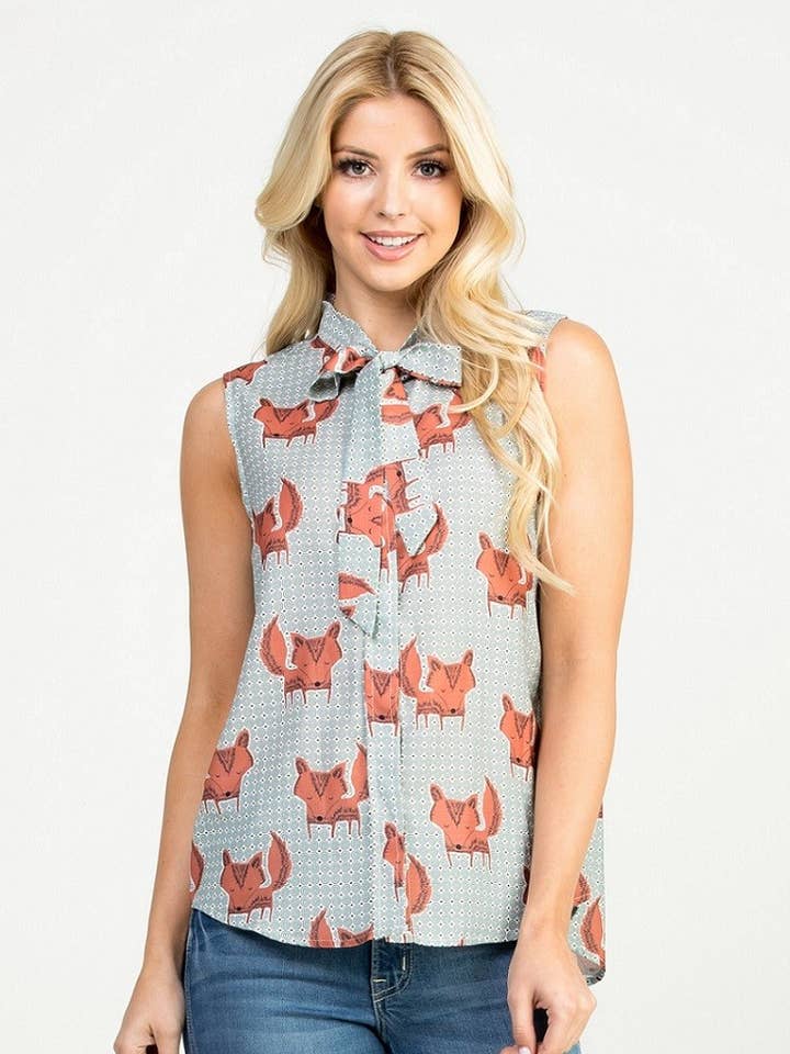 Fox Print Sleeveless Button Down Top for wholesale by LA Soul
