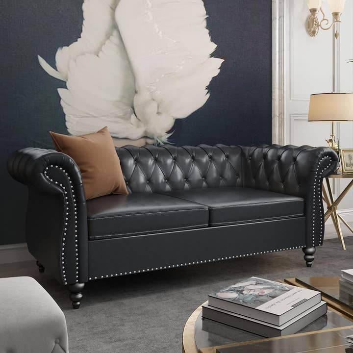 Two Piece Chesterfield Leather Living Room Set With Black Leather Loveseat And Chair for wholesale on Faire3