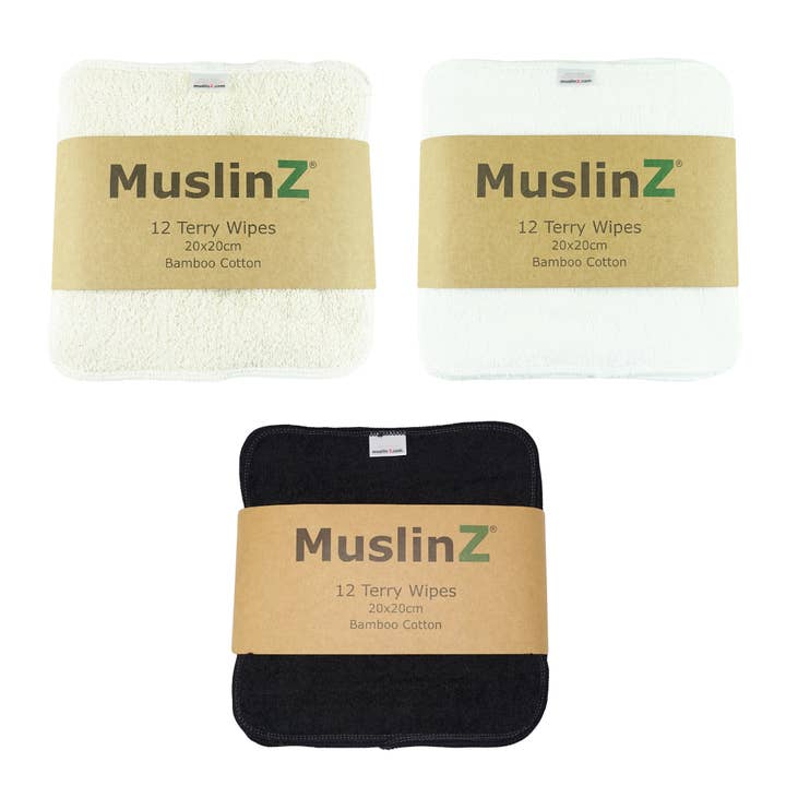 Muslinz - MerryGoRoundUK Ltd - Wholesale Face & Body Wipes - Baby - MuslinZ 12pk Bamboo Cotton Terry Wipes
