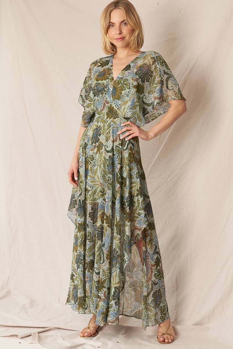 Vert Multi Robe longue en gaze imprimée à col en V en vente sur Faire1