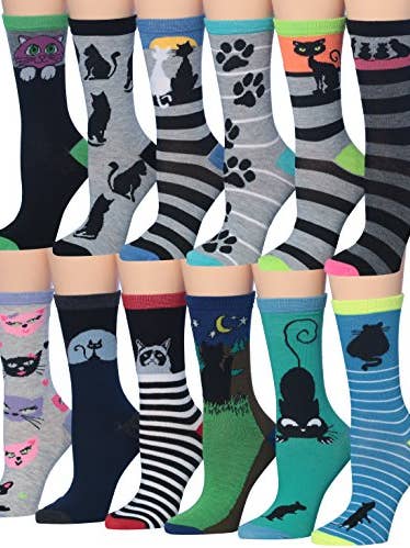 Tipi Toe Women's 12-Pairs Fashion Crew Novelty Cat Socks for wholesale by Gold Hose LLC