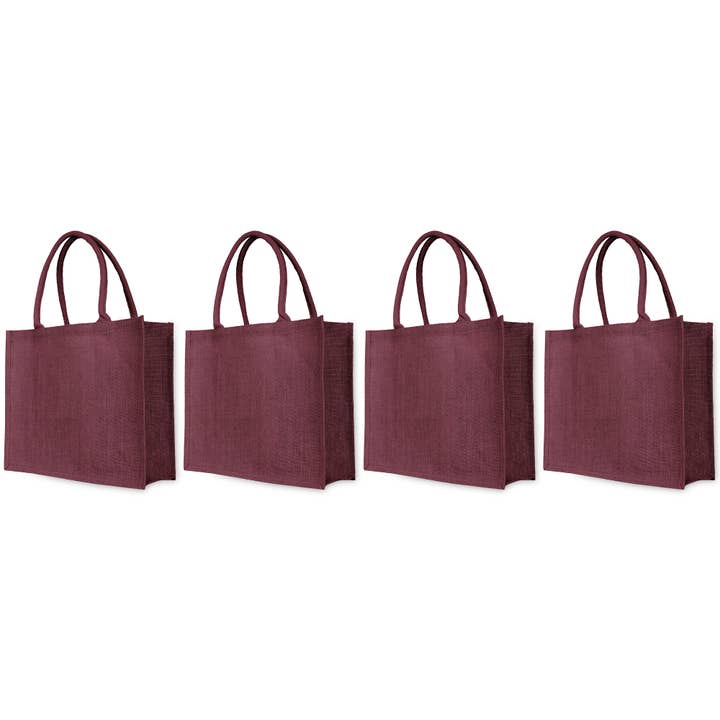 Jute Tote Bags – Set of 4 in Deep Red, Pink, Green & Orange for wholesale by ecojutebags