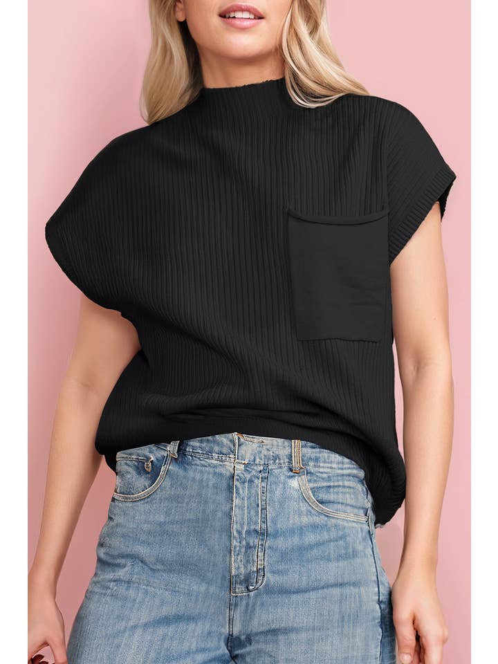 66DISCO - Wholesale Knit Sweater - Women's - Patch Pocket Ribbed Knit Short Sleeve Sweater – Spring/Fall2