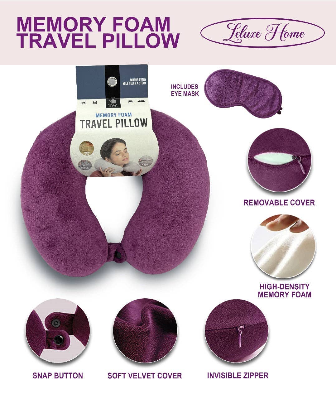 Leluxe Home - Vente Oreiller de voyage - Ensemble oreiller de voyage en mousse à mémoire de forme et masque pour les yeux Kathy Ireland10