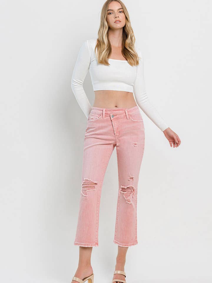 HIGH RISE CROSS OVER CROP STRAIGHT JEANS F5647BRS for wholesale by FLYING MONKEY