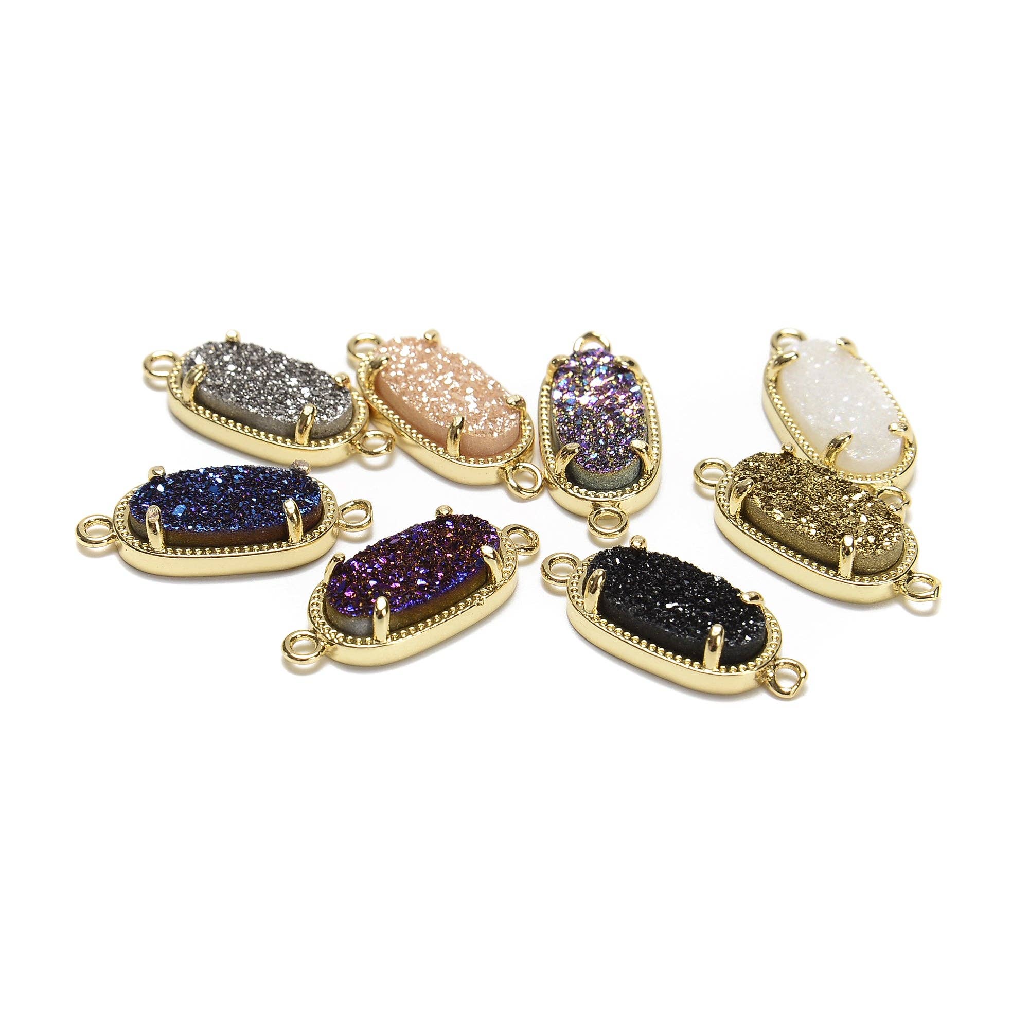 CRCBEADS – wholesale Individual charm/pendant – 8 Colors Druzy Agate Crystal Gold Edge Oval Connector Pendant Charm Size 9x16mm0