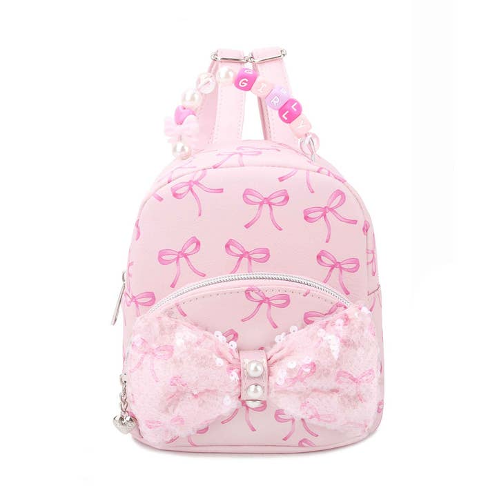 Sequin Bow Printed Micro Mini Backpack with Beaded Top Handle for wholesale by OMG Accessories