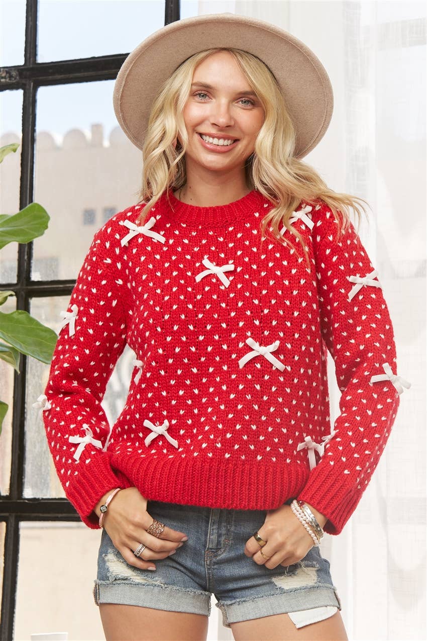 Madelyn - Wholesale Knit Sweater - Women's - LESW4122- KNIT SWEATER WITH BOW ACCENTS1