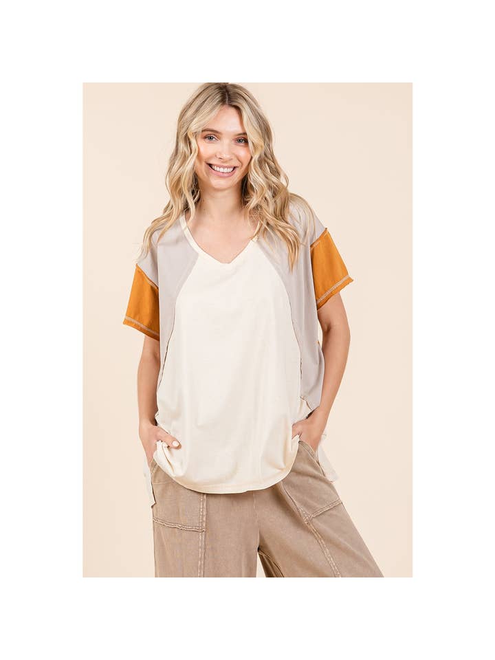 mittoshop – Túnica - Mulher por atacado – TOP DE MALHA DE MANGA CURTA EM BLOCO COLORIDO DE GRANDES DIMENSÕES1