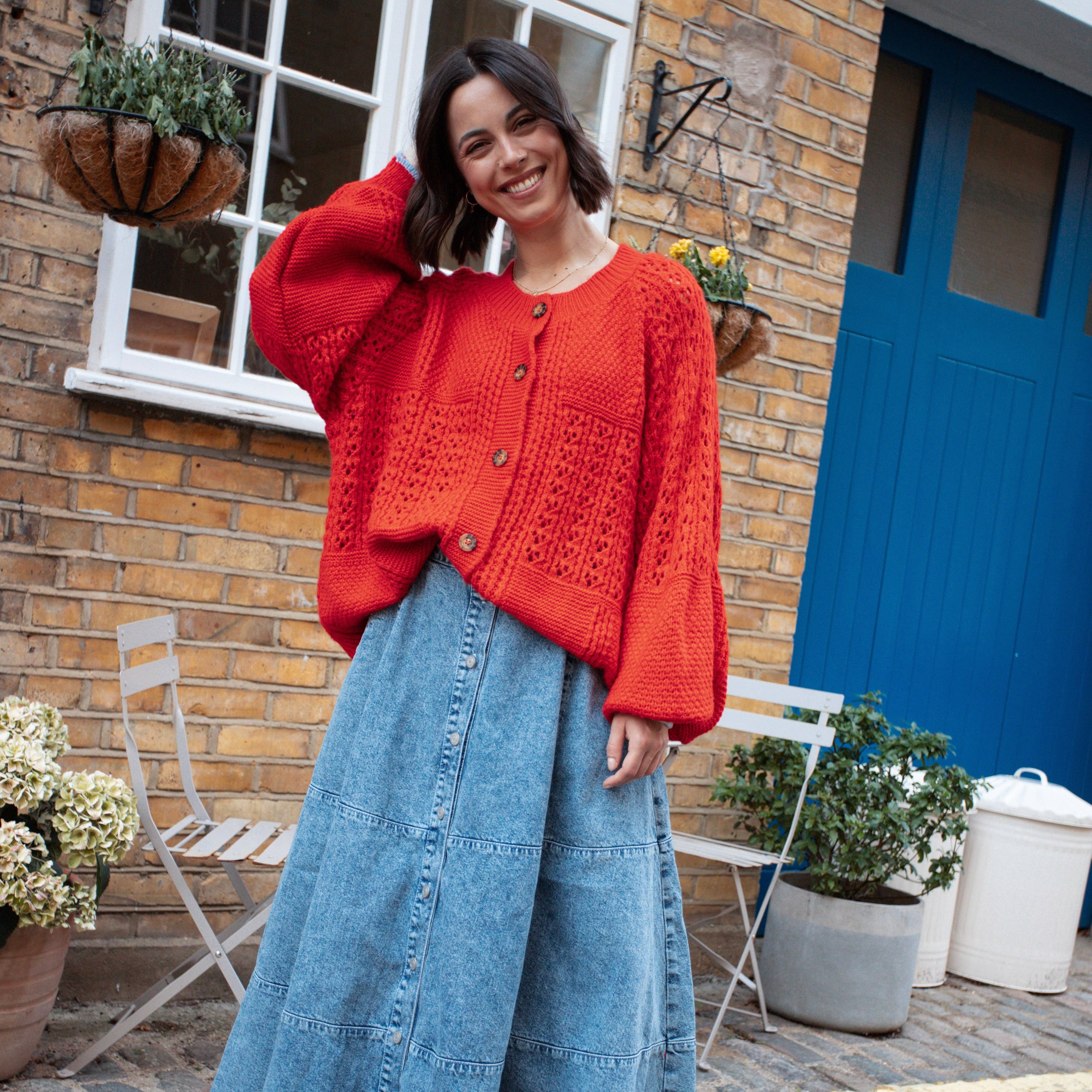 Cara & The Sky - Wholesale Cardigan - Women's - Brigit Pointelle Stitch Balloon Sleeve Cardigan - Orange11