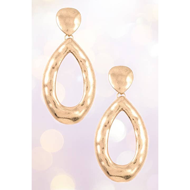 Worn Gold Hammered Teardrop Cut Out Dangle Earring for wholesale on Faire