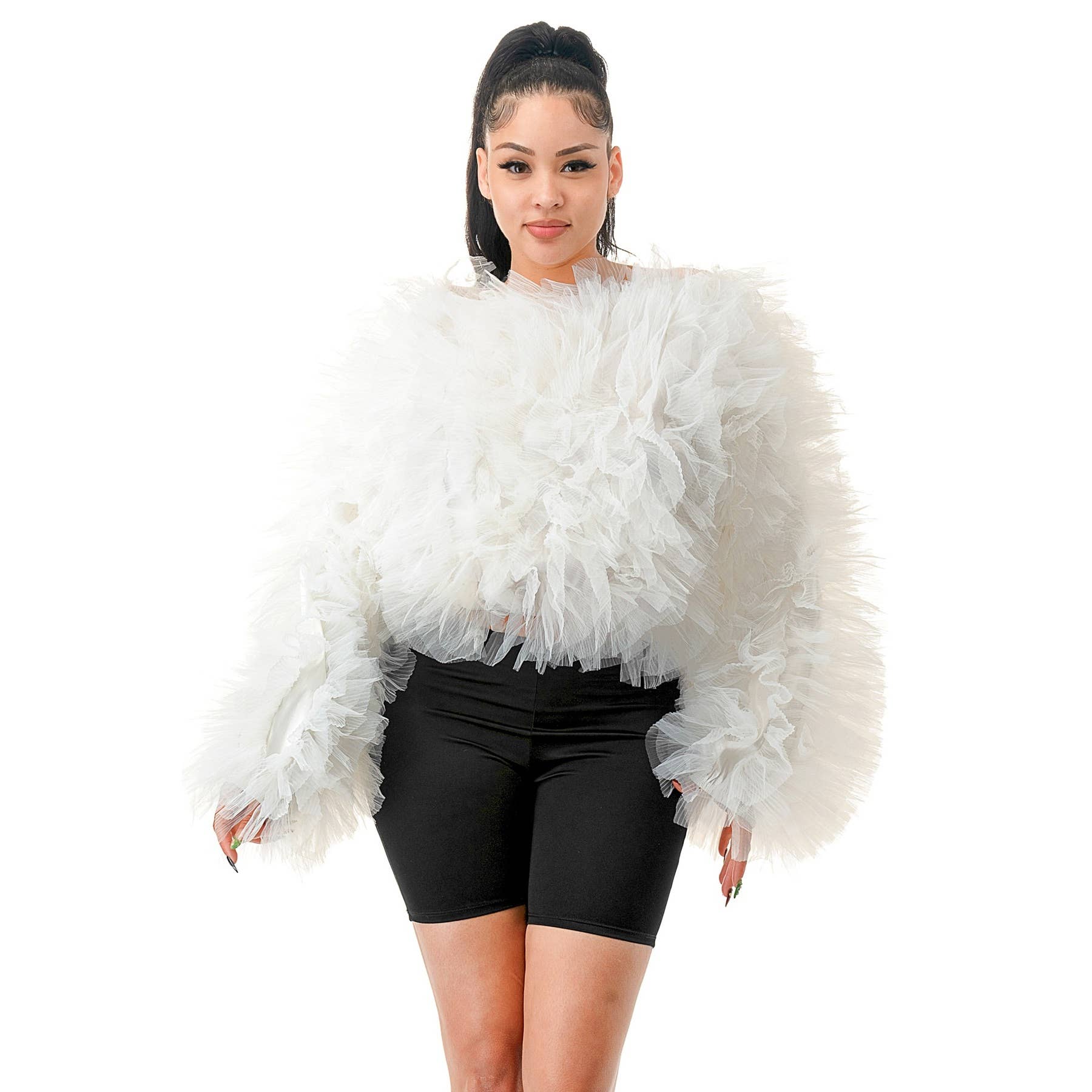 DORCAS - Wholesale Blouse - Women's - Plus Long Sleeve Ruffle Tulle Top Blouse5