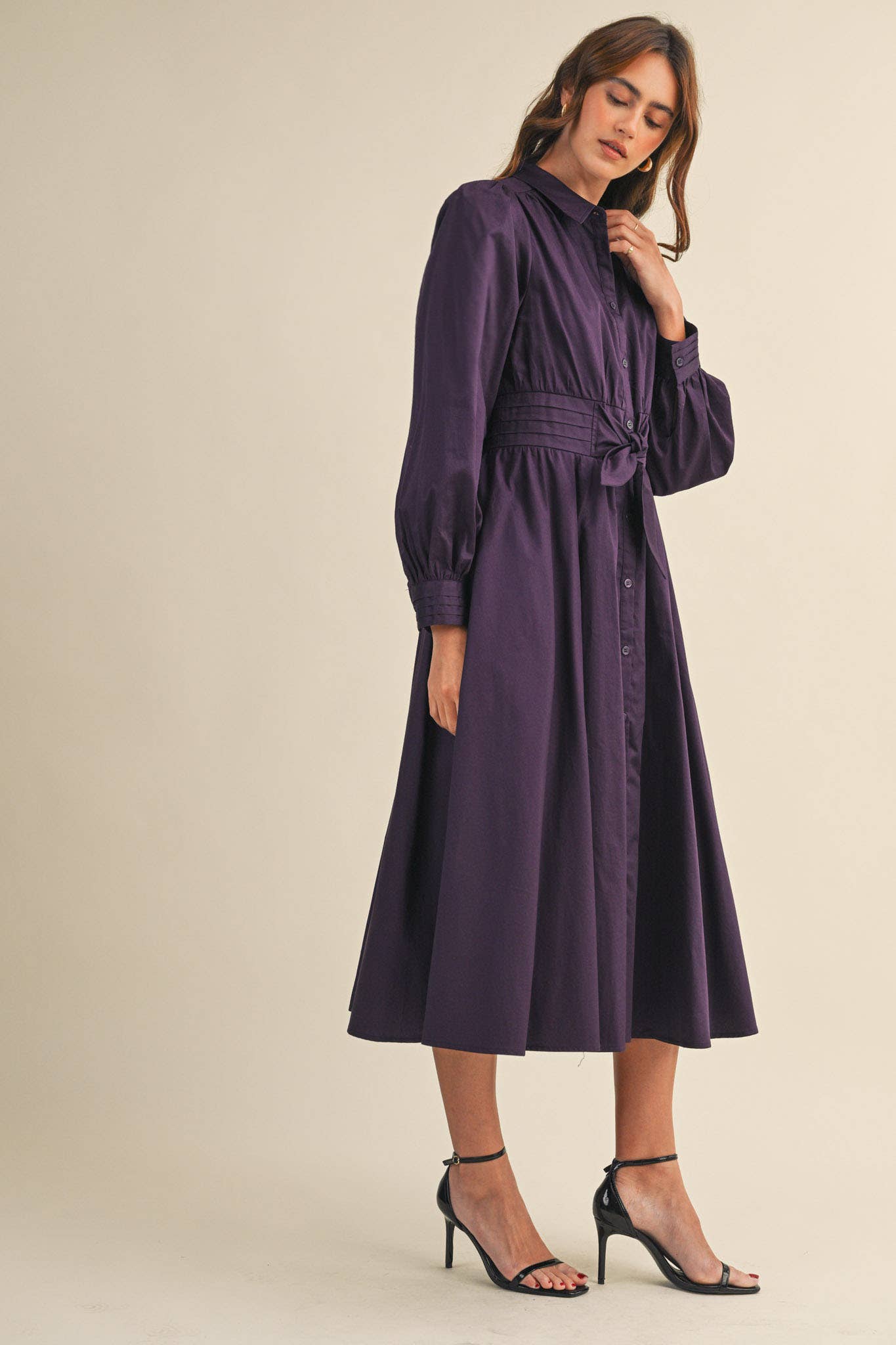 &MERCI - Wholesale Dress - Women's - PINTUCK WAIST TIE FRONT MIDI DRESS MDR421910