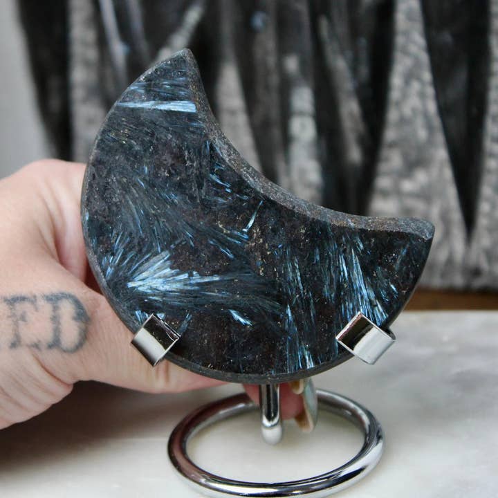 Astrophyllite Moon on Metal Stand – Firework Crystal Display Piece, Rare Stone Carving for Celestial Home or Office Decor for wholesale by EC Plugs and Gems