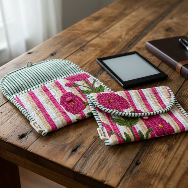 Tissu imprimé à la main & Pochette en coton pour liseuse électronique pour la vente par Desi design and chai