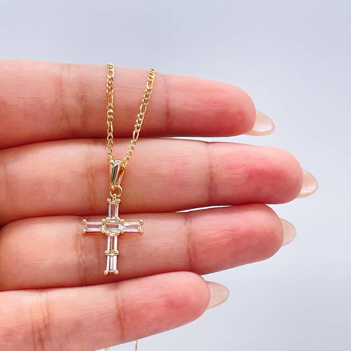 18k Gold Filled Clear Cz Baguette Stone Cut Cross Pendant for wholesale by Milie