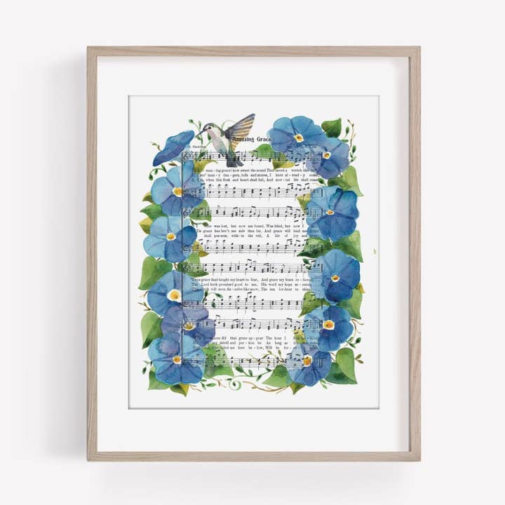 Lámina artística «Amazing Grace» Morning Glories + Hummingbird Himno para venta al por mayor de Marydean Draws