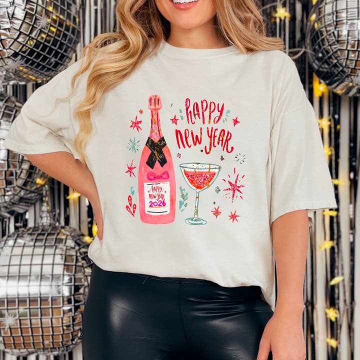 Preppy Faux Glitter Happy New Year Graphic Tee for wholesale by Gia Gifts Boutique