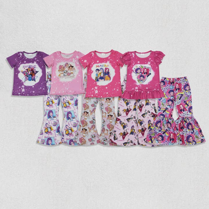 Ensemble de vêtements pour bébés filles avec manches courtes et motif de chasseur de démons, haut et pantalon évasé. pour la vente par Aier Wholesale