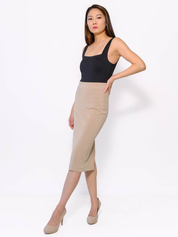 THE BODYCON MIDI SKIRT - WHEAT for wholesale by Her Muse