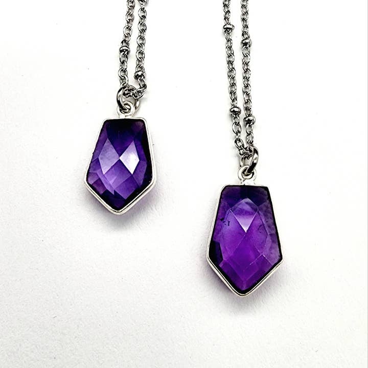 MergingMetals - Wholesale Pendant/Charm Necklace - Dainty Faceted Amethyst Wide Hexagon Necklace 1