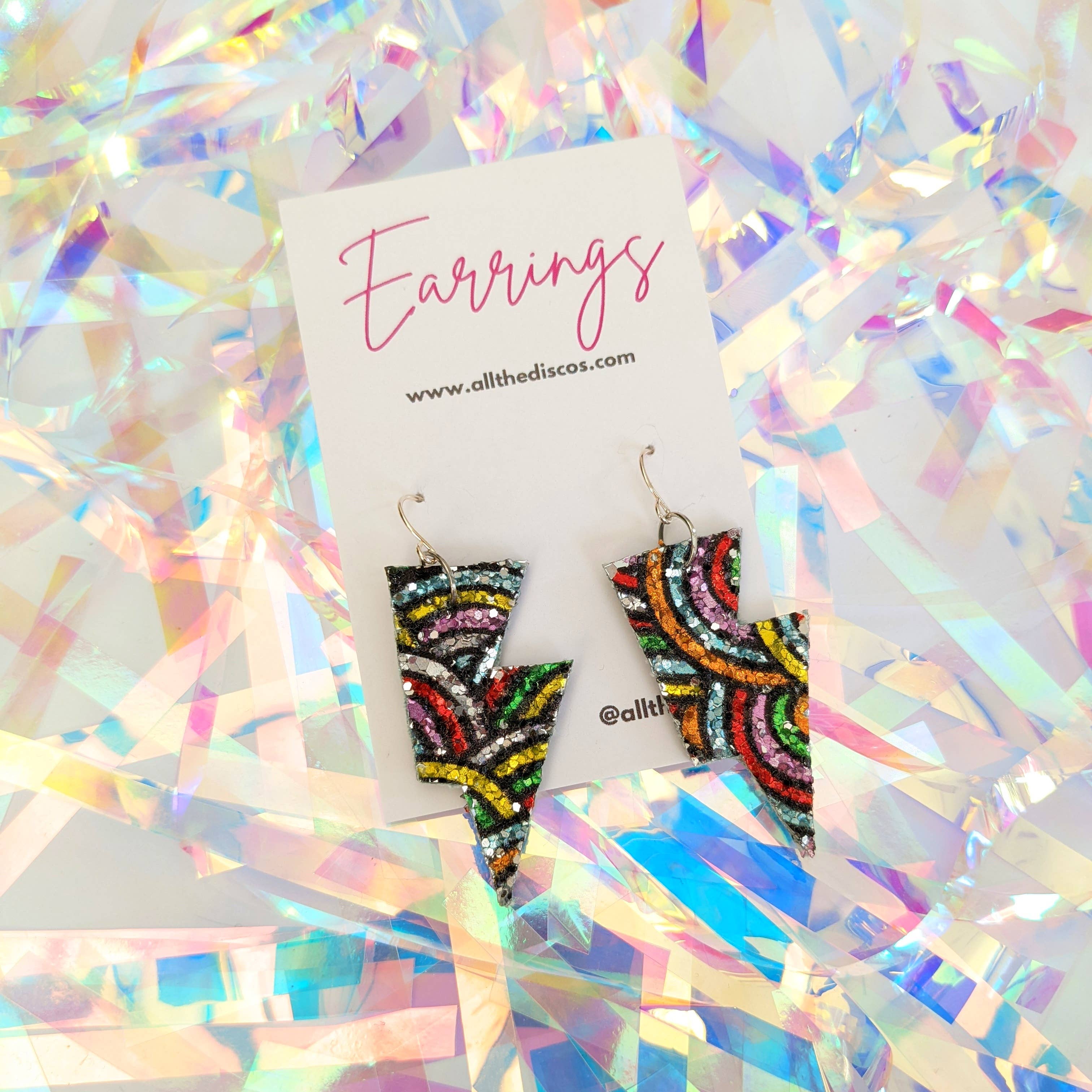 All The Discos – wholesale Dangle earrings – Small Rainbow Pattern Glitter Lightning Bolt Earrings2