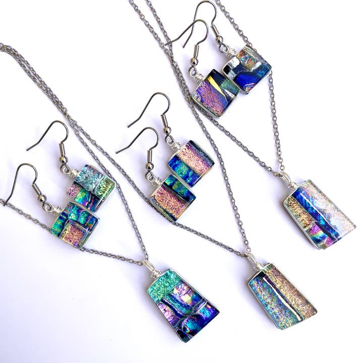 3 (One-of-a-Kind) Mosaic Dichroic Pendant & Earring Sets for wholesale by Flame Work Designs - Glass Jewelry