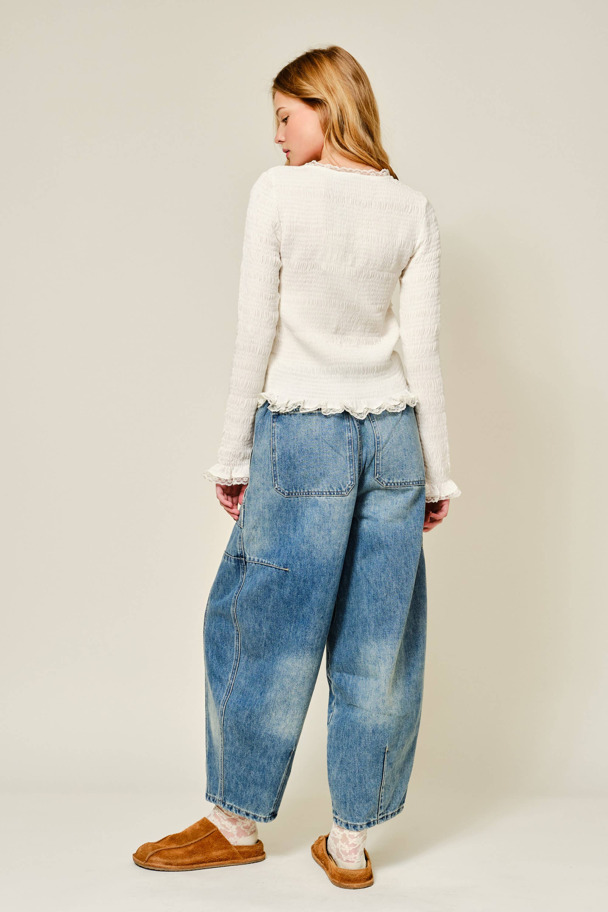 Aaron & Amber - Wholesale Knit Top - Women's - AJT5485 FULL SMOCKED BUTTON DOWN TOP WITH LACE EDGE8