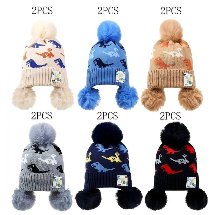 Diacly - Wholesale Beanie - Kids - 12pk Dia Pattern Knited Triple Pompom Winter Kids Beanie