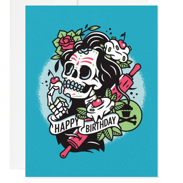 Johnny Cupcakes – Großhandel Geburtstagskarten – Glückwunschkarte zum Geburtstag mit Totenkopf — Tattoo-Kunst mit Blumenmuster