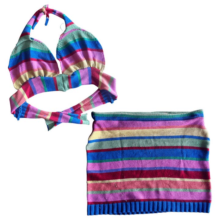 Reworked Striped Sweater Set – Upcycled Knit Bikini Top + Mini Skirt | One-of-a-Kind | Handmade in Arizona for wholesale by The Modern Alien
