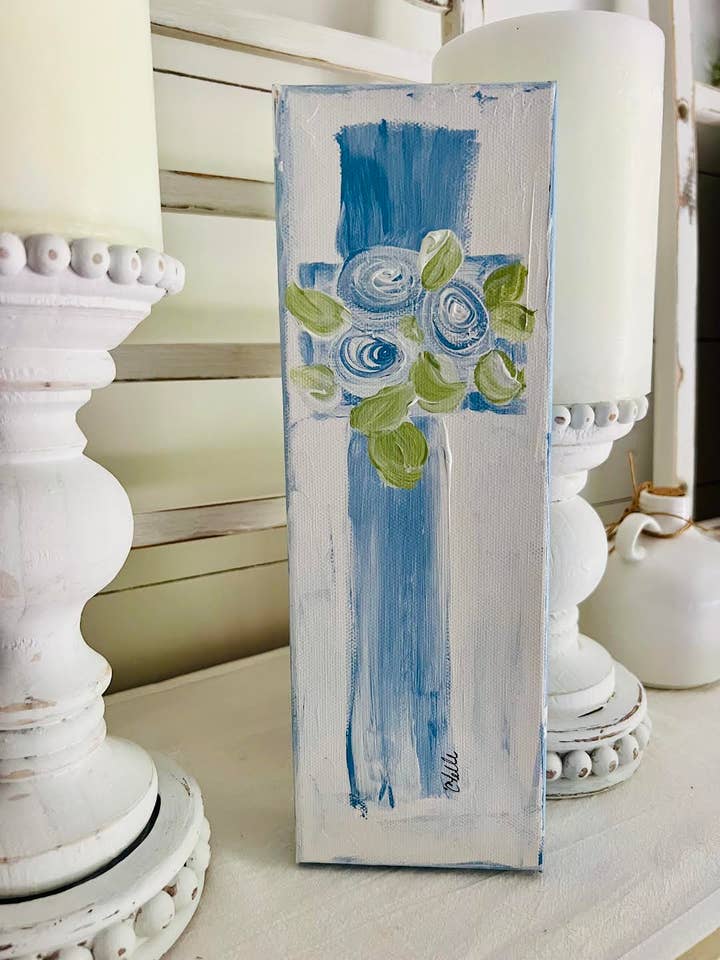 Hand-Painted Blue Cross Canvas – 4” x 12” – Original Texture for wholesale by The Happy Butterfly