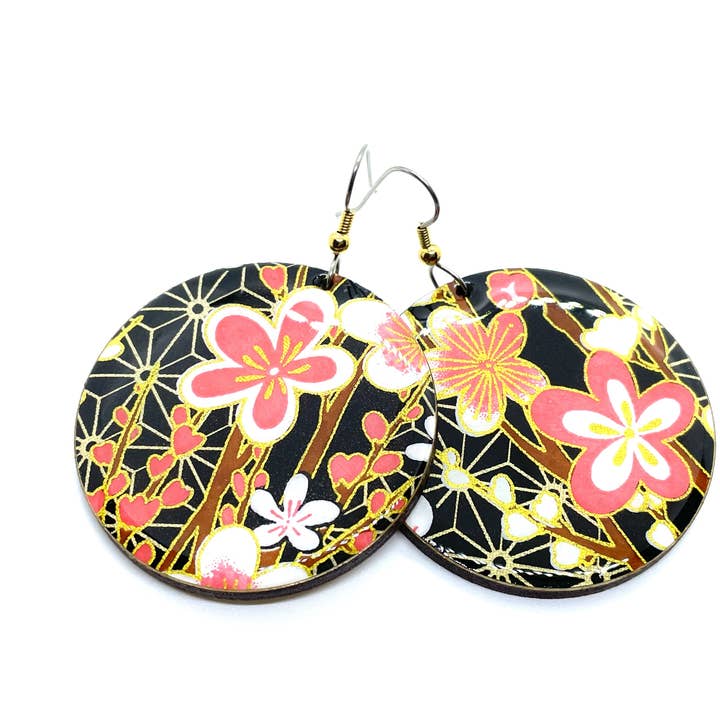 Floral Black, gold and coral Round Earrings for wholesale by Prettykiku