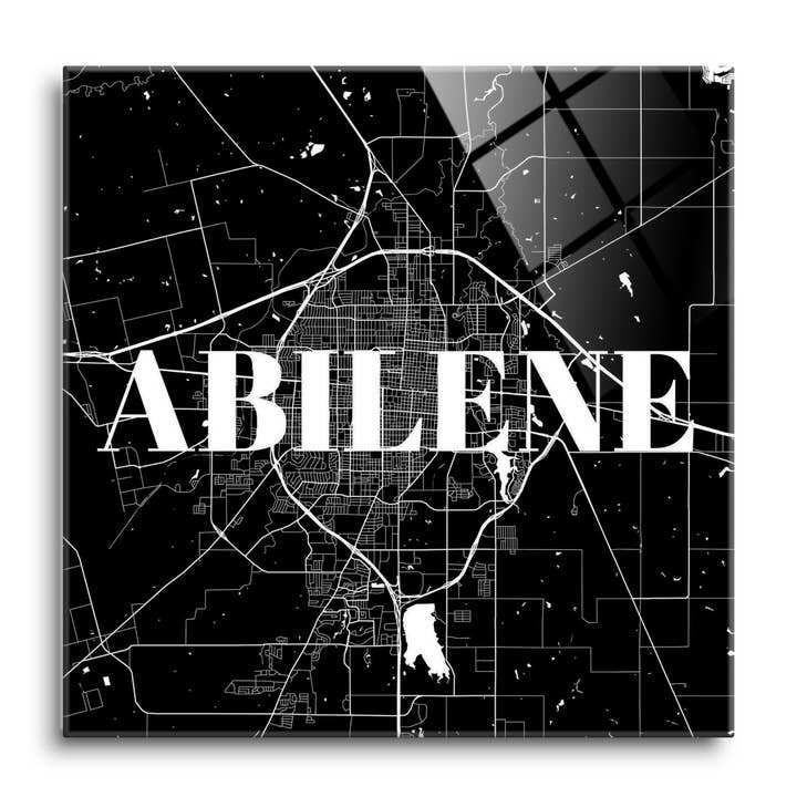 Minimalist B&W Texas Abilene Map |12x12 Glass Plaque for wholesale by Love Local