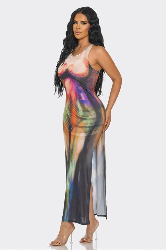 Multi BODY PRINT LONG DRESS WITH SIDE OPEN for wholesale on Faire1