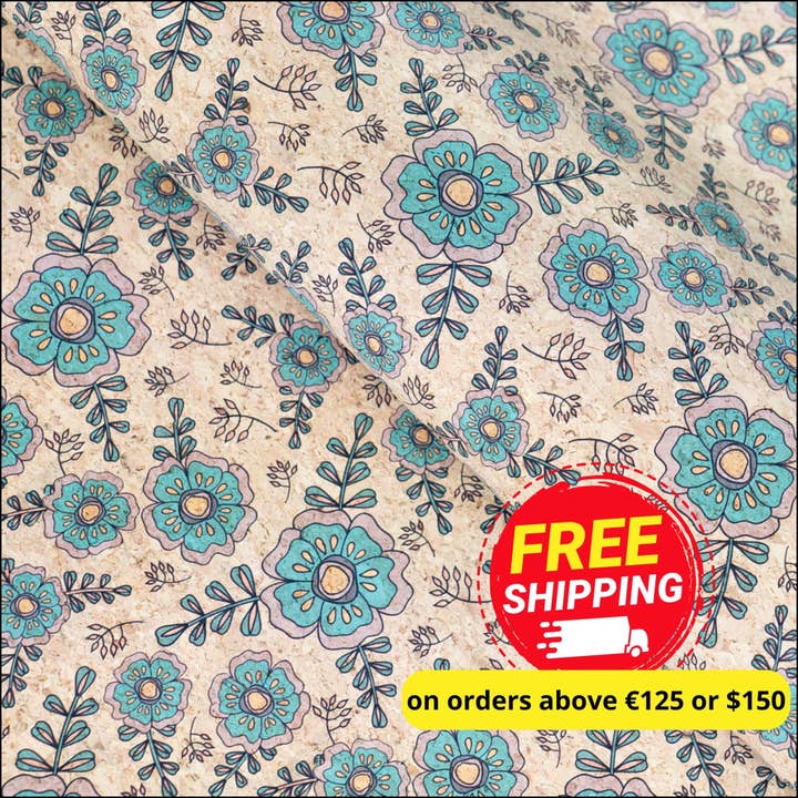 Botanical Elegance: Teal and Green Floral Pattern on Cork Fa for wholesale by Meninas Bonitas Cork