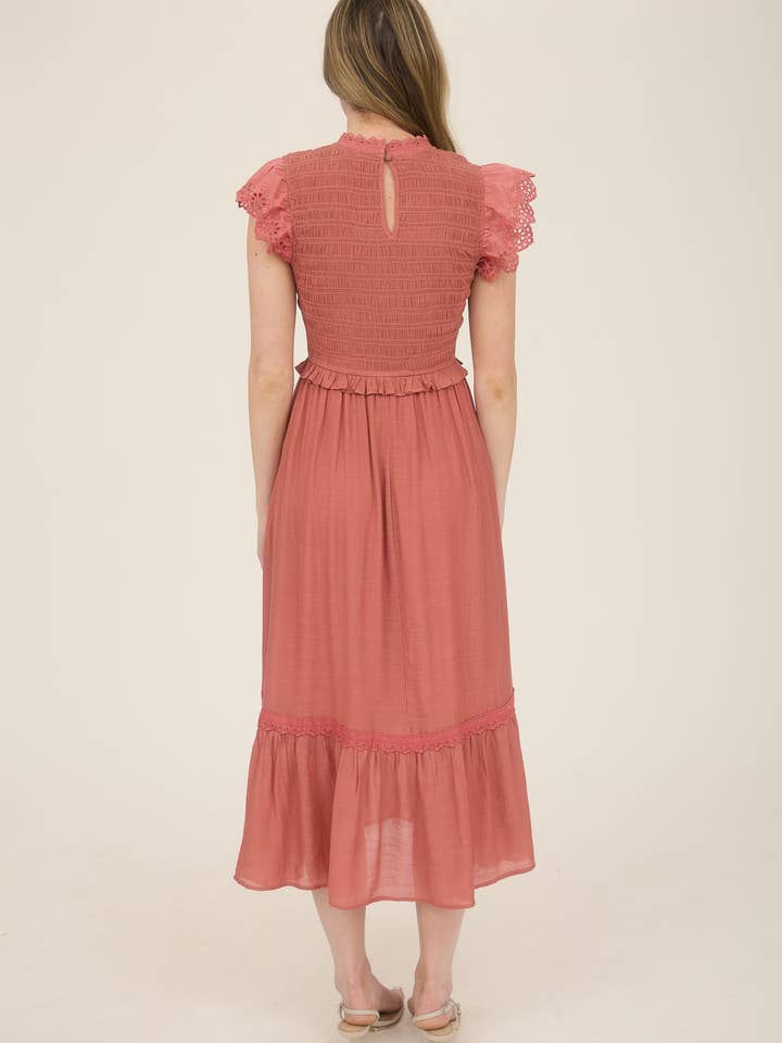Blu Pepper - Wholesale Dress - Women's - SMOCKED EYELET TRIM RUFFLE DETAIL MIDI DRESS