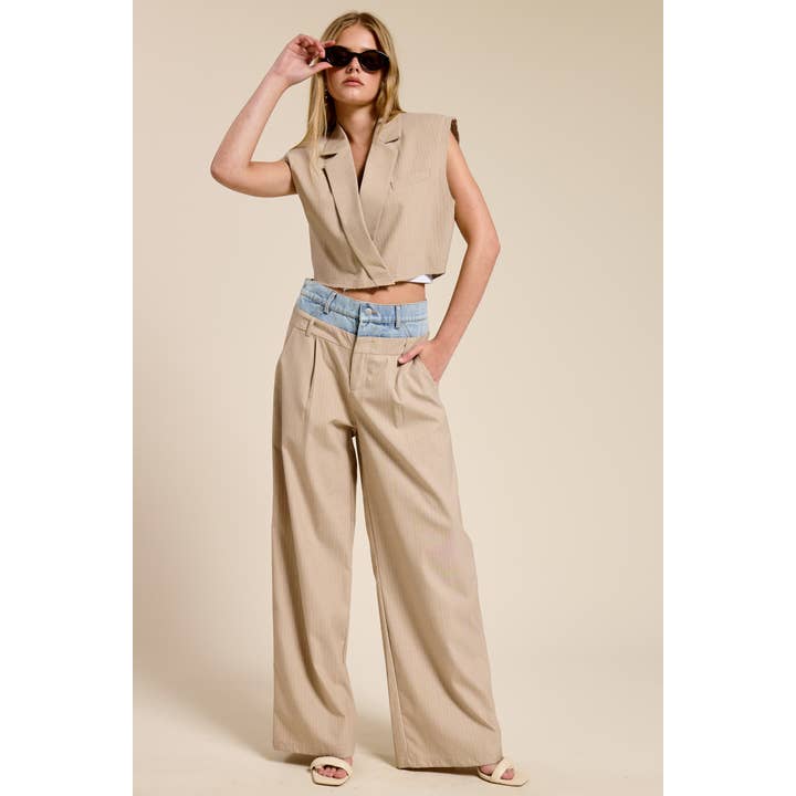 BEIGE Denim Waistband Contrast Stripe Wide Leg Trousers MB5057 for wholesale on Faire