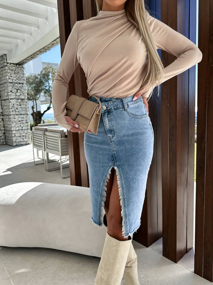 Blue Solid Color Denim Split Skirt for wholesale on Faire