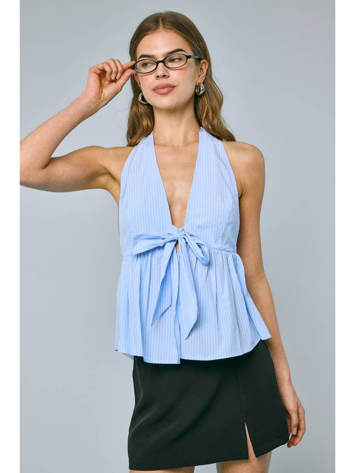 Sky to Moon - Wholesale Tank Top - Women's - STRIPE PRINT HALTER FRONT TIE OPEN BACK RUFFLE TOP